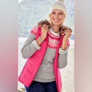 Talbots Pink & Grey Rib Yoke Fair Isle Crewneck PM Sweater